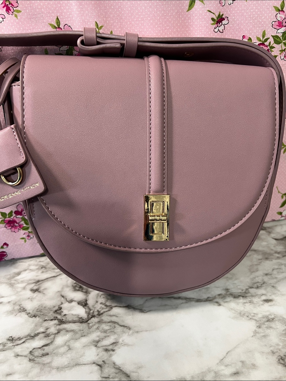 Adrienne Vittadini Mauve Saddle Crossbody with Gold Tone Hardware
